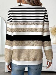 EMERY ROSE Textured Striped Print Zip-Up Round Neck Plus Size Women Sweatshirt Fall - Multicolor - View 2