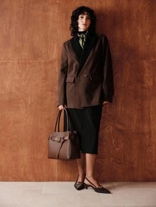 Zovinel Uhlyne 秋季棕色拼接西装外套，法式通勤风格，复古商务休闲女装 - 棕色 - 查看 5