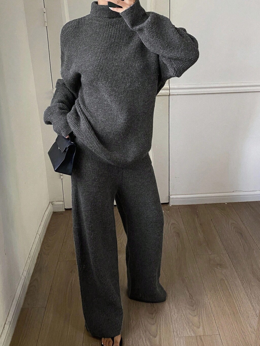 Women's Casual Solid Color Turtleneck Sweater & Pants 2 Pieces Set, Autumn