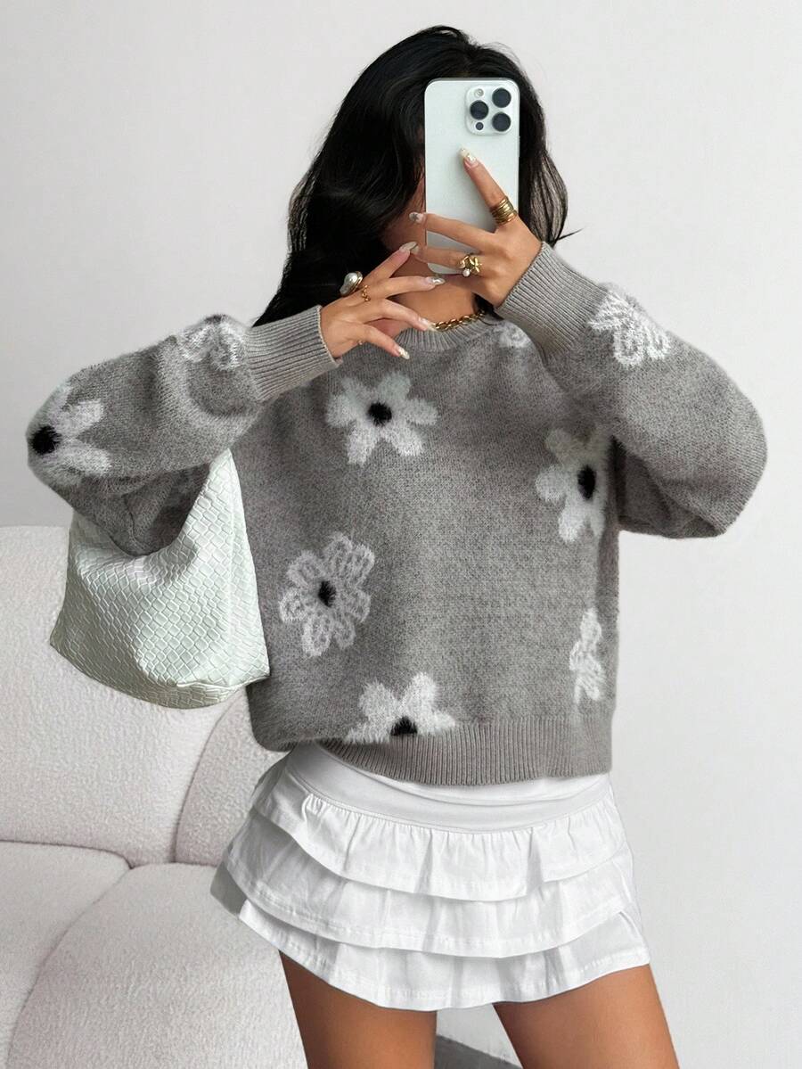 SHEIN 少女花卉提花针织开衫，优雅套头毛衣，适合日常穿着，旅行，搭配裙子，长袖秋冬装女孩女士 - 淺灰色 - 查看 1