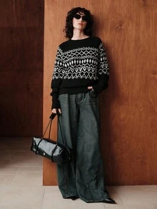 Zovinel Vintage Loose Fit Crew Neck Long Sleeve Contrast Color Diamond Jacquard Knit Pullover Sweater For Women, Autumn/Winter - Black - View 4
