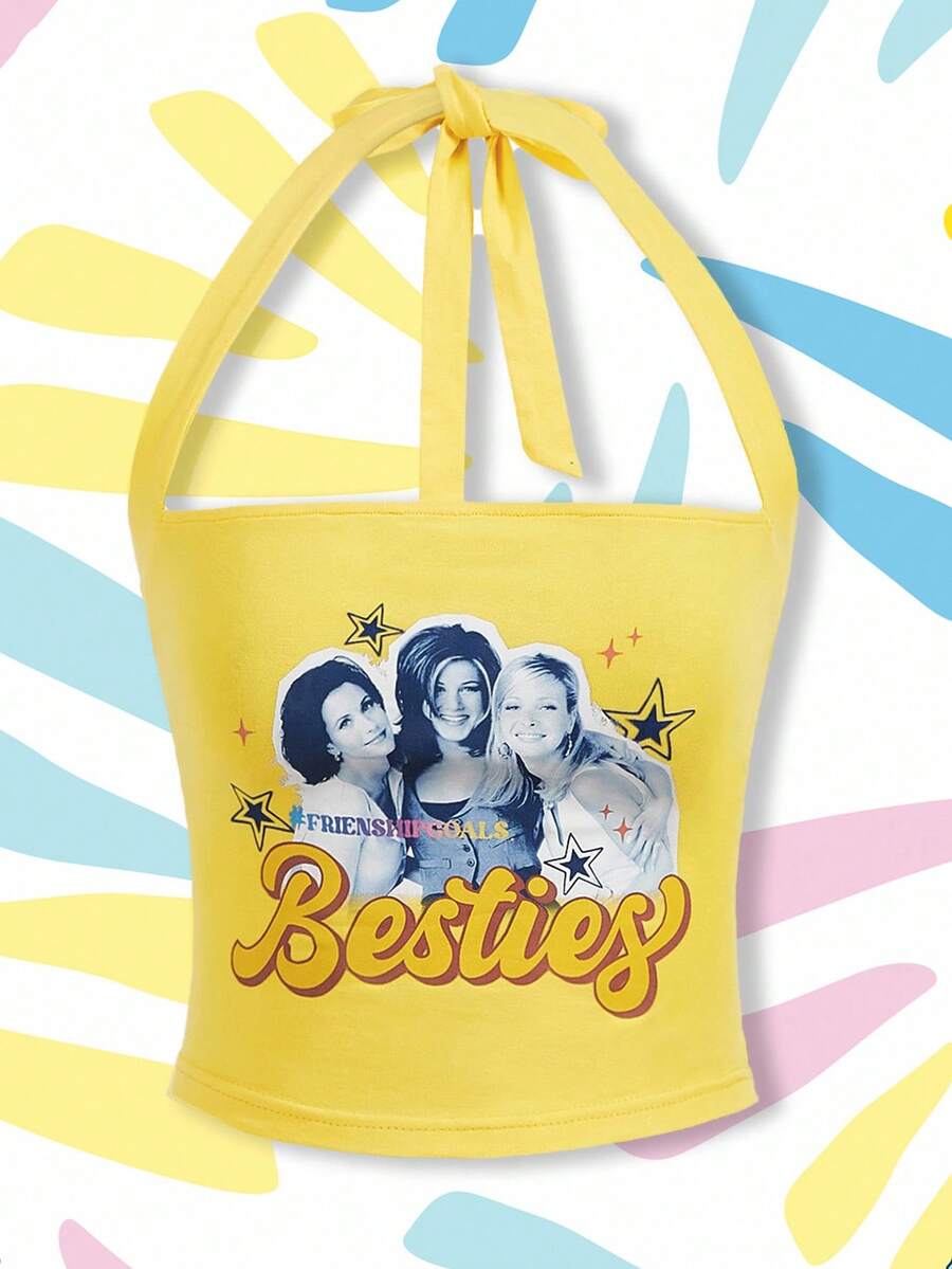FRIENDS X SHEIN Women's Summer Yellow Rachel Monica Best Friend Portrait And Letter Star Pattern Strap Bow Crop Halter Top Vintage Women Tank Tops - Yellow - View 1