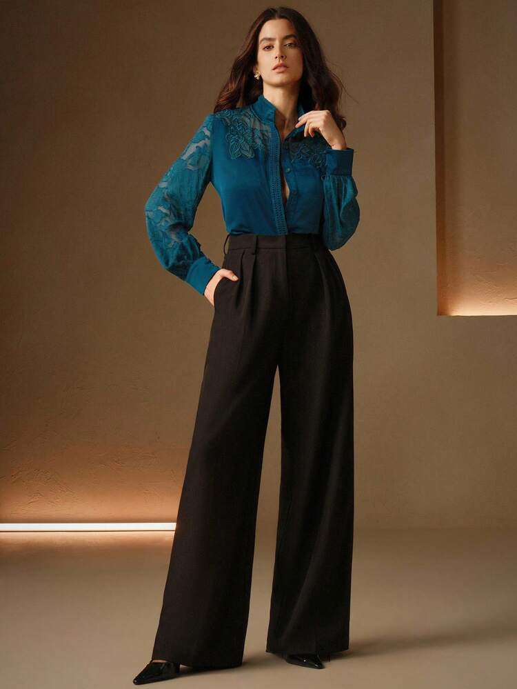 Elegant Niche French Lace Patchwork Women Long Sleeve Blouse Women Shirt