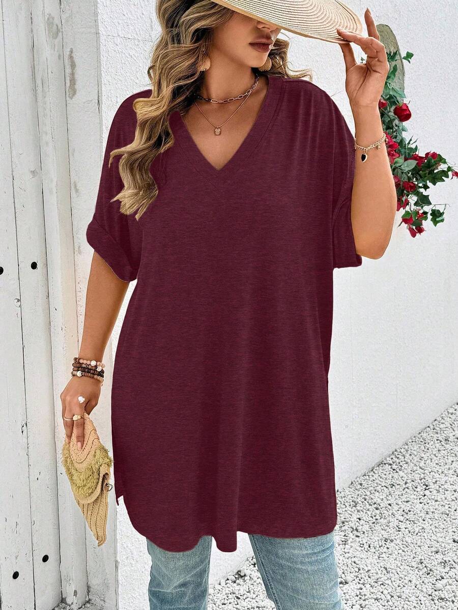 Breezaya Plus Size Women V-Neck Short Sleeve Raglan Sleeve Split Hem Casual Versatile Summer T-Shirt - Burgundy - View 1