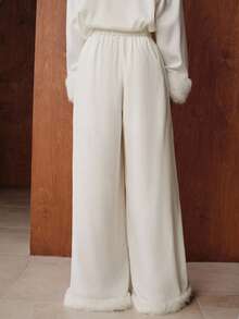 Uhlyne Women's Autumn White Faux Fur Patchwork Wide Leg Pants, Minimalist Pleated Trousers, Versatile For Business, Casual And Holiday Wear - White - View 2