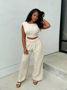 Alexandranx Women's Solid Color Back Tie Blouse And Pants Casual 2 Pieces Set, Two Pieces Set Of Loose Top And Wide-Leg Trousers With Ties At The Back, Solid Color V, Elegant And Casual, Suitable For Daily Wear, Spring/Summer - Green - View 1
