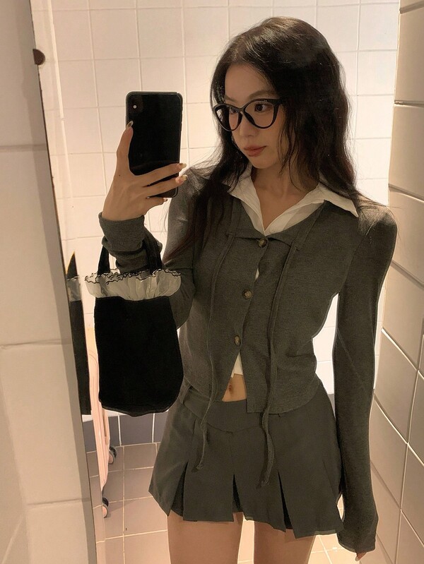 Livesso Women's 2 In 1 Tie-Up Long Sleeve Elegant T-Shirt, Autumn/Winter