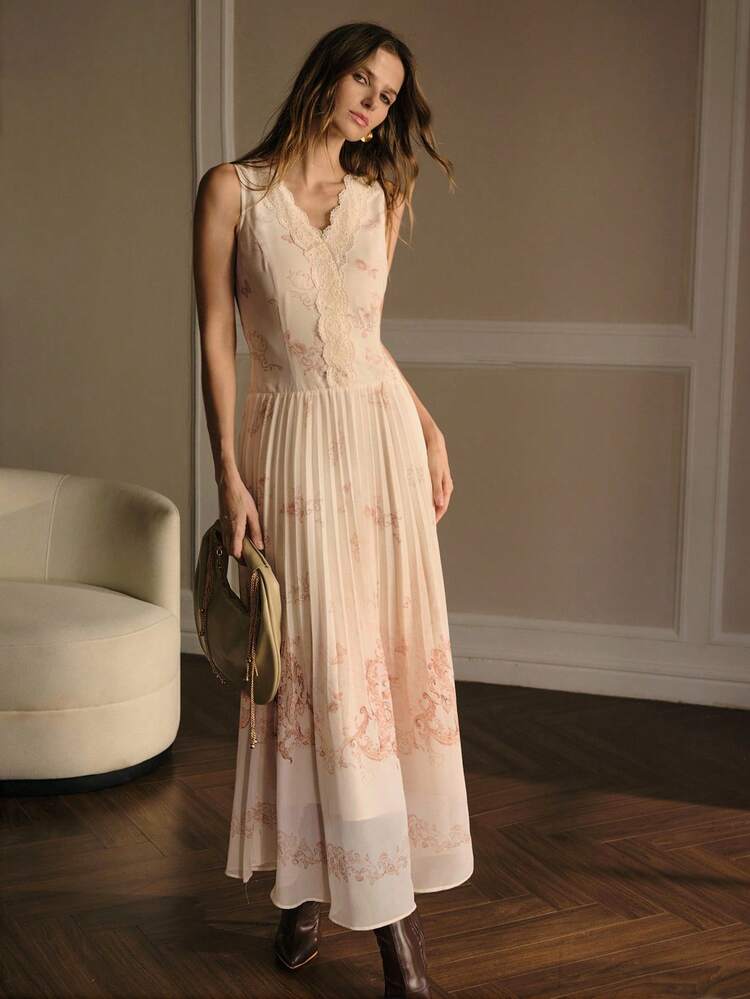 CONTRAST LACE PLEATED DRESS