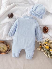 SHEIN Vintaside Kids 时尚可爱的中性婴儿针织连体衣，秋冬季百搭打底或外套 - 藍色 - 查看 2