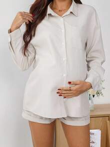 SHEIN 2pcs Maternity Solid Color Long Sleeve Button-Up Pocket Shirt And Adjustable Waist Shorts Casual Set - Khaki - View 5