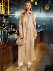 Amorya Women's Elegant Gold Shirt Collar Long Split Dress,Autumn Satin Silky Maxi Dress For Party,Gatherings,Commuting And Halloween Costume - Gold - View 9