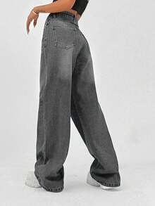EURMUSE 100% Cotton HIGH RISE WIDELEG FIT VINTAGE WASH WOMEN BAGGY JEANS - Grey - View 2