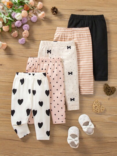 SHEIN Vintaside Kids Set de 5 piezas de ropa interior casual y versátil para niñas bebé con estampados de corazones, lunares, lazos y rayas, para primavera/otoño