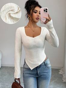 Elenzga Women's Casual Solid Color Asymmetric Hem Knit Sweater T-Shirt, Autumn/Winter - Apricot - View 1