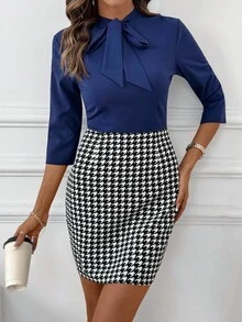 SHEIN Clasi Robe mini élégante ajustée à col cravate, manches 3/4, patchwork à motif pied-de-poule pour femmes - Multicolore - View 1