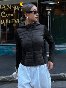 DAZY 女式撞色拉链抽绳连帽棉服外套，秋冬夹克 - 黑色 - 查看 8
