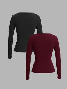 SHEIN EZwear Two-Piece Set Knitted Long Sleeve T-Shirt For Women, Suitable For Spring & Autumn - Multicolor - View 2