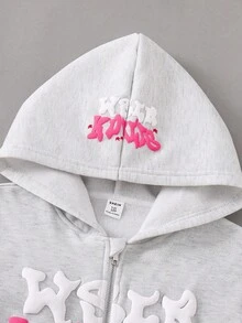 SHEIN Explorewe 少女街头风连帽拉链卫衣，秋冬季保暖内衬卫衣 - 灰色 - 查看 6