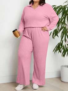 EURMUSE Plus Size Casual Loose Long Sleeve Top And Wide Leg Pants 2 Pieces Set - Baby Pink - View 5