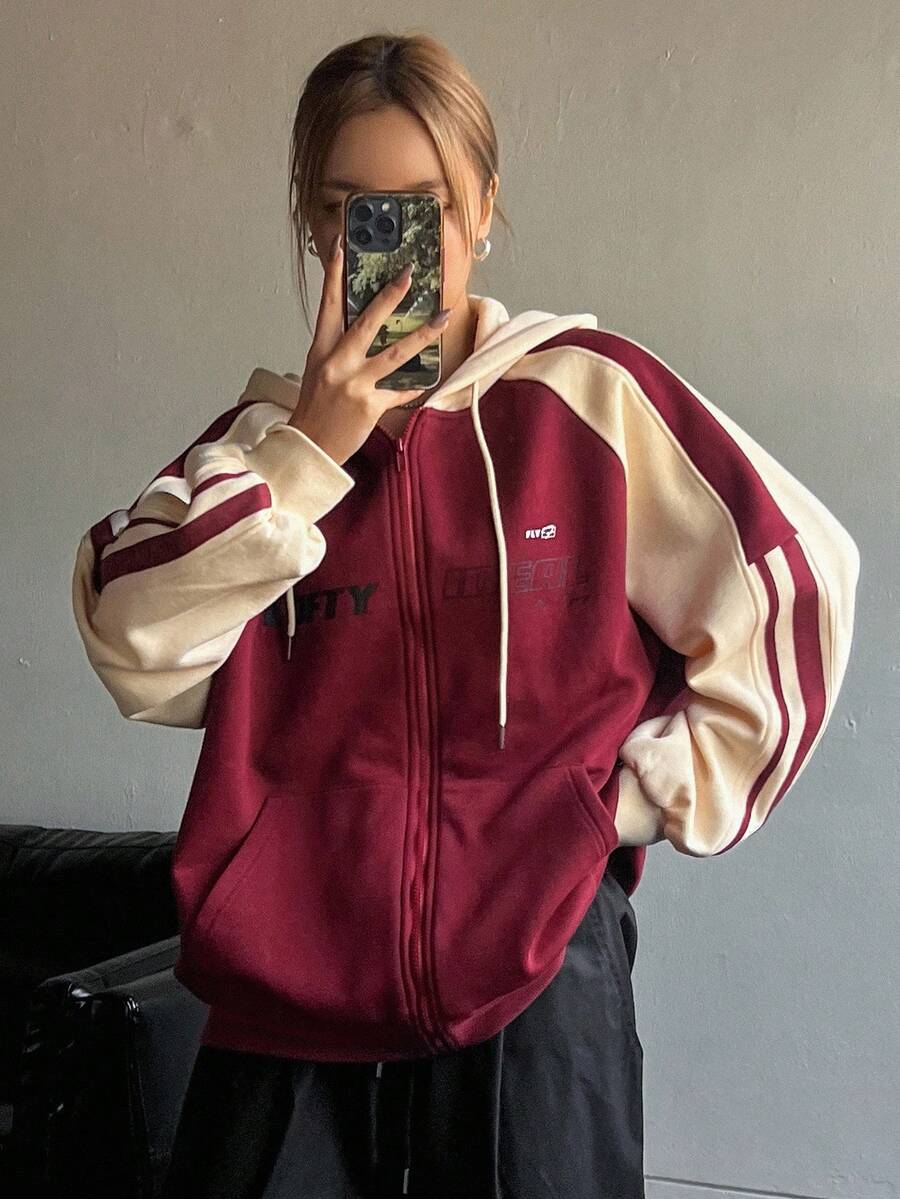 Dazy Star Letter Graphic Raglan Sleeve Zip Up Drawstring Hoodie,Long Sleeve Tops,Fall Clothes Sweatshirt Jacket - Burgundy - View 1