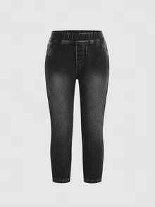 SHEIN 年轻女孩 Y2K 保暖内衬弹力牛仔裤，保暖冬季牛仔裤，清凉时尚，适合感恩节穿着 - 黑色 - 查看 2