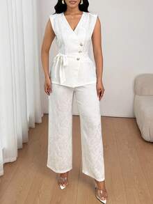 SHEIN Lady Women's Elegant Jacquard White Vest & Pants Set - White - View 7
