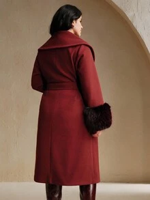 Anewsta 大码女式宽松长款优雅时尚仿毛皮袖口大衣，适合秋季、冬季、新年、圣诞节、外出等场合 - 紅色 - 查看 2
