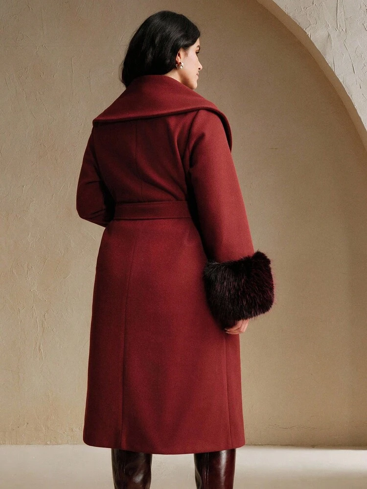 Plus Size Women's Loose Fit Red Long Elegant Chic Stylish Faux Fur Cuff Overcoat, Suitable For Fall, Winter, New Year, Christmas, Going Out