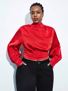 Maija Plus Size Red Summer Elegant Party Blouse,High Neck Puff Lantern Sleeve Backless Tie Top,Christmas Valentine's Day Wedding New Year Fashion Casual - Red - View 5
