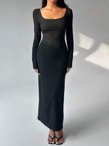 SHEIN MOOSTA 1 pieza Vestido negro de mujer de punto elástico con costillas, con espalda descubierta y abertura, para uso casual/diario en otoño - Negro - Ver 6