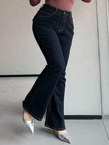 Quần jeans ống loe dáng ôm co giãn màu tối cỡ lớn, phù hợp cho mọi mùa - Rửa tối - Xem 1