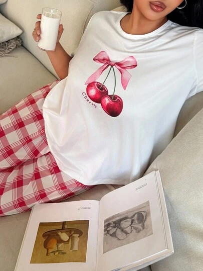 Set de pijama de 2 piezas con estampado de cerezas y pantalones a cuadros, estilo femenino, talla grande