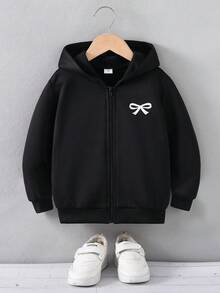 年轻女孩休闲百搭舒适蝴蝶印花连帽拉链针织夹克秋冬女童服装 - 黑色 - 查看 4