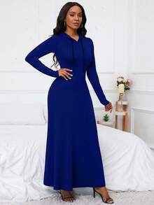EMERY ROSE Women's Hooded Drawstring Pocketed Dress Maxi Women Outfit - Dark Wash - View 5