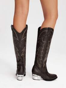 Styleloop Western Cowgirl Embroidered Mid-Calf Boots, Suitable For Summer Vacation, Boho, Music Festival, Party, Halloween, Core - Coffee Brown - View 5