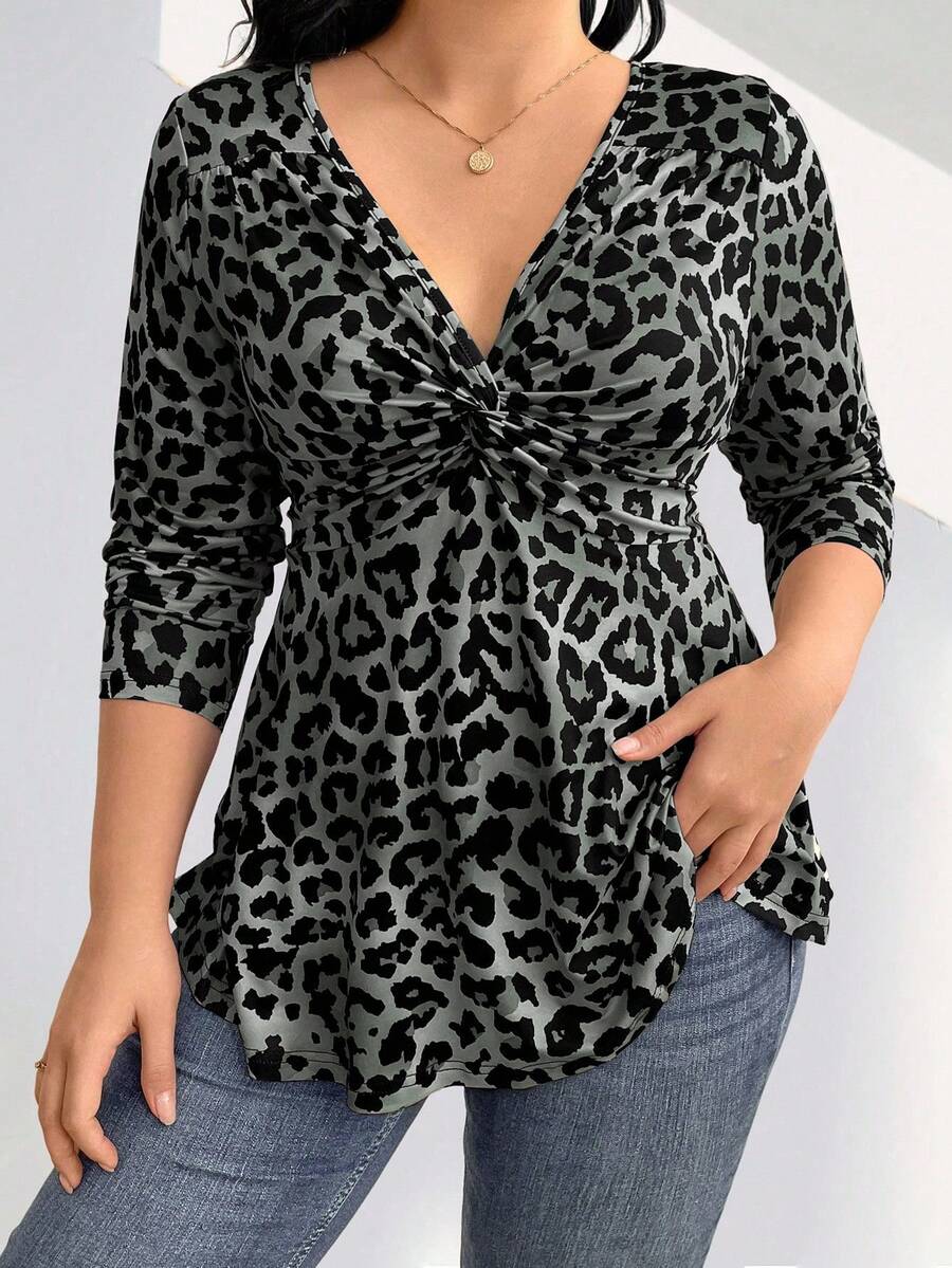 Elenzga Camiseta de manga corta con cuello en V, estampado de leopardo y nudo retorcido, para mujer, tallas grandes, estilo casual de verano