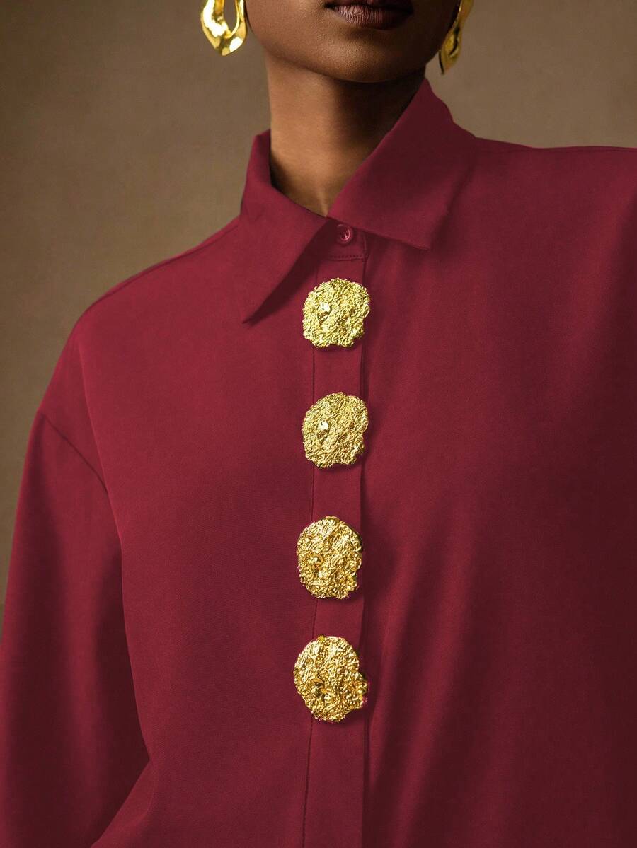 Vesra Blusa de manga larga con hombros caídos y decoración de botones, elegante para otoño - Burdeos - Ver 1