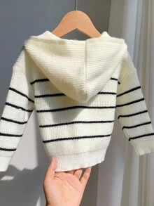 SHEIN 男宝宝/女宝宝秋冬时尚休闲黑白条纹连帽开衫毛衣外套，适合幼儿园 - 黑與白 - 查看 2