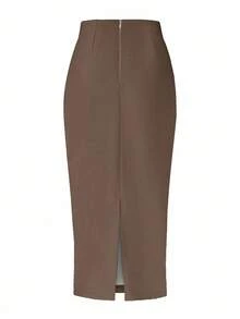 SHEIN LUNE Women's Solid Color Ruched Pu Leather Skirt - Chocolate Brown - View 2