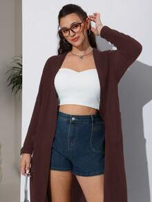 SHEIN EZwear 秋季大码女式纯色落肩长袖罗纹休闲长款夹克 - 棕色 - 查看 5