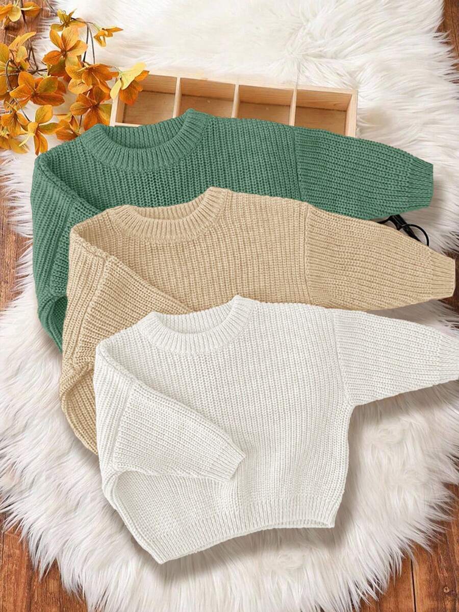 SHEIN Set de 3 piezas de suéter de manga larga de cuello redondo con ajuste holgado y casual para bebé niño, adecuado para el verano - Multicolor - Ver 1