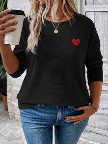 EMERY ROSE 全新加大码女式心形印花圆领长袖T恤 - 黑色 - 查看 1