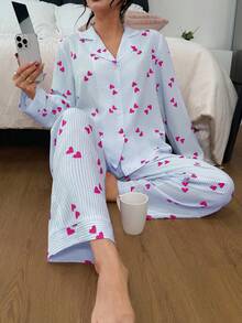 SHEIN 女士翻领爱心条纹长袖上衣和裤子睡衣套装，秋冬服装 - 彩色 - 查看 8
