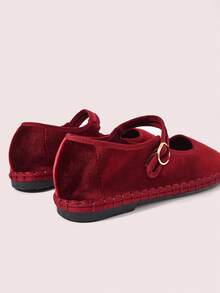 CUCCOO DOLLMOD 女士勃艮第天鹅绒经典舒适玛丽珍平底鞋，优雅时尚 - 復古紅色 - 查看 4