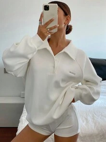 Livesso 纯色宽松马球领长袖女式运动衫，带金属标志，秋季女装 - 白色 - 查看 4