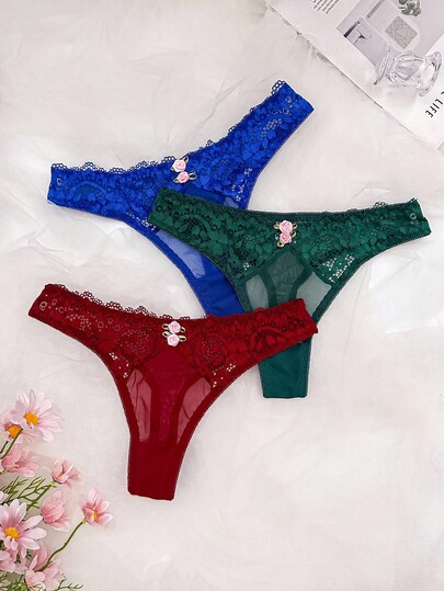 3 peças calcinhas fio dental com acabamento em renda floral 3D