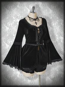 SHEIN ICON Blusa de terciopelo con mangas de volantes y ribete de encaje talla grande - Negro - Ver 3