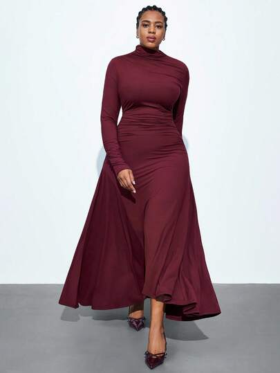 Maija Plus Size Women's Clothing New Angora Red Spring Long Sleeve Pleated Bodycon Elegant Lady Dress,For Vintage Women Old Money Teacher For Women Romantic, Fashion, Versatile Summer Women Party Top Beach Holiday Vacation Going Out Graduation Elegant Casual Formal Attire Work Office For Women