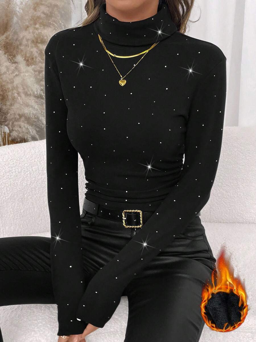 SHEIN Clasi Plus Size Solid Color Elegant Casual Commuter Turtleneck Long Sleeve T-Shirt Elegant Party Christmas Party Long Sleeve Top For Women Going Out Top Women Cute Tops Rhinestone Top Christmas Tops Women Black Long Sleeve Top Black Top For Women Warm Winter - Black - View 1
