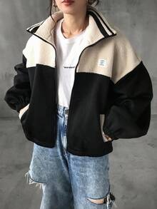 FRIFUL 1pc Women Casual Daily Wear Mixed Material Zip Up Stand Collar Sweatshirt, Autumn,Thermal Lined Jacket